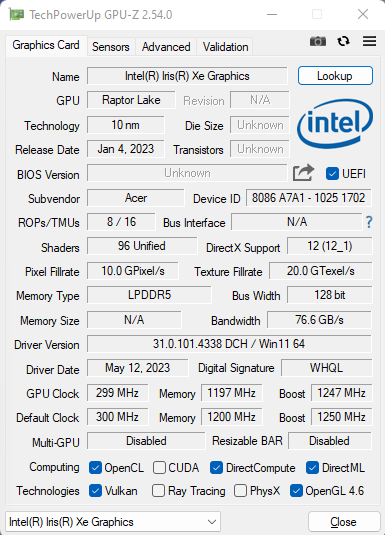 Intel Iris Xe Graphics Mobile (80EUs, Raptor Lake)