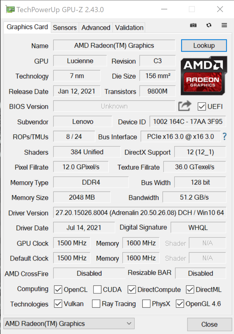 AMD Radeon Graphics Mobile (Lucienne, 384 Shaders)